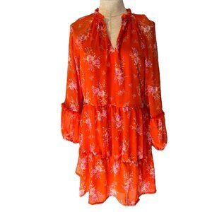 Vince Camuto Dress Orange Floral L Large Fluttery Floral Print Long Sleeve NEW